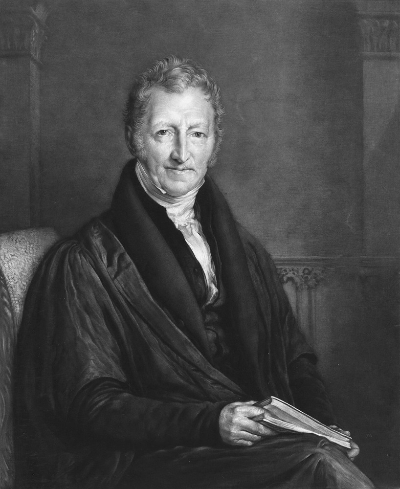 Black-and-white portrait of Thomas Robert Malthus, seated, holding a book